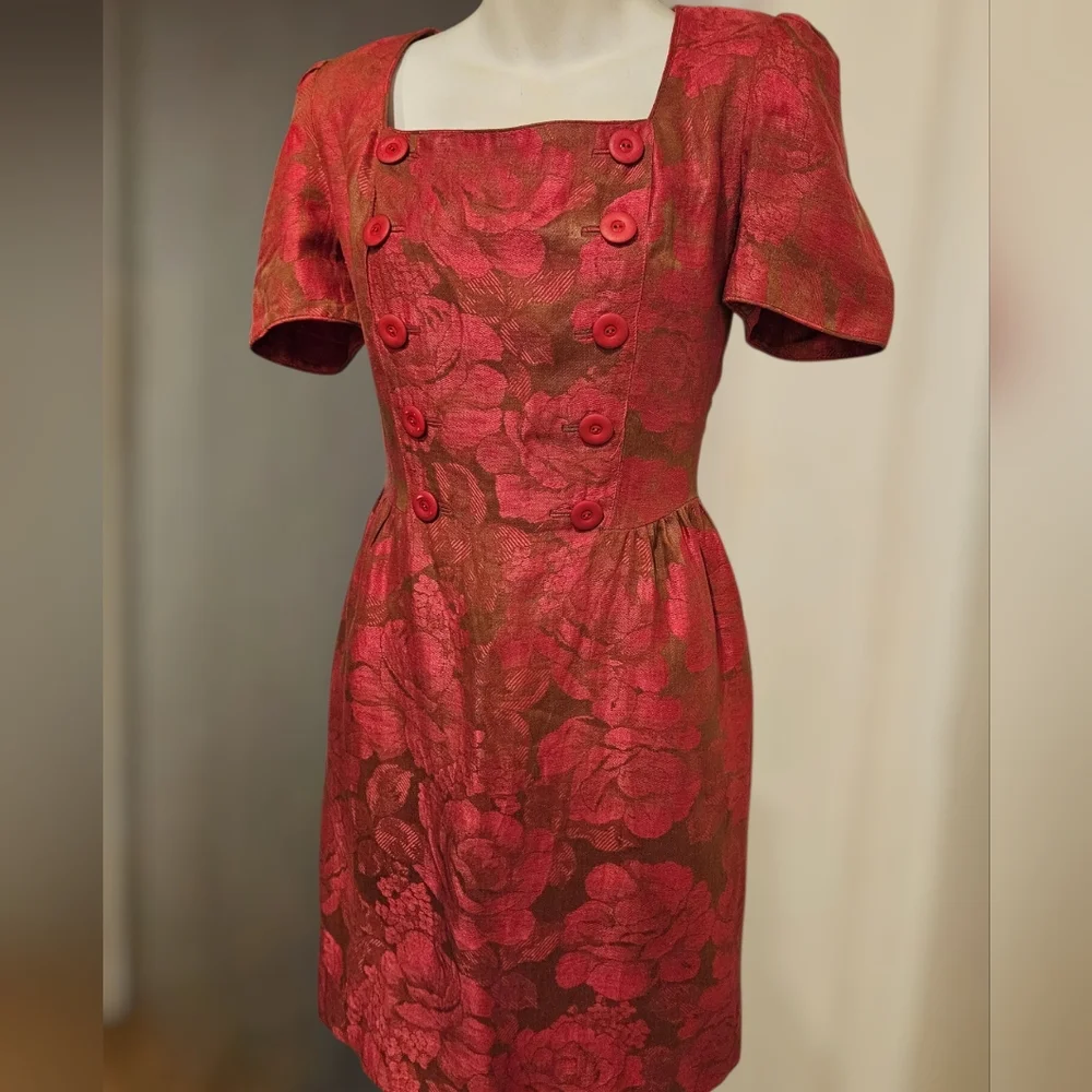 Vintage Albert Nipon Linen Brocade Dress Puffed Sleeves Floral Red